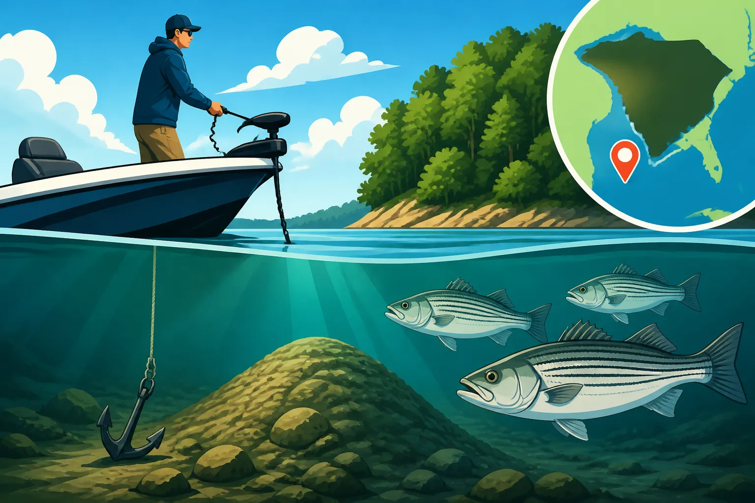 Anchoring the Submerged Humps Near Dreher Island for Stripers